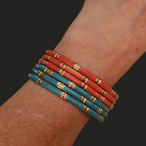 Vintage Set of Six Pink Green and Goldtone Brass Bangle Bracelets